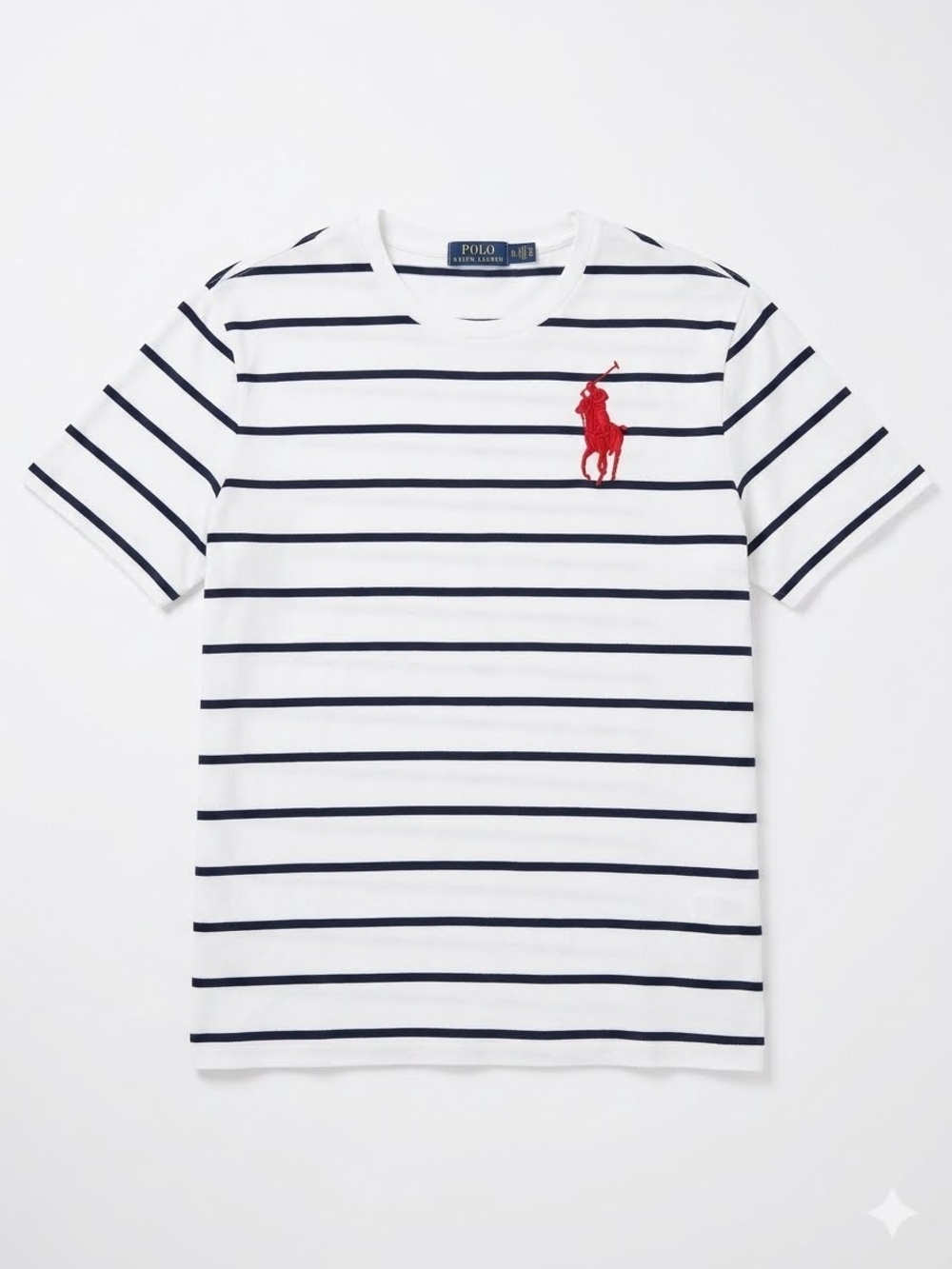 Polo by Ralph Lauren White Navy Striped Tee with Red Pony- Boy 14-16 Yr